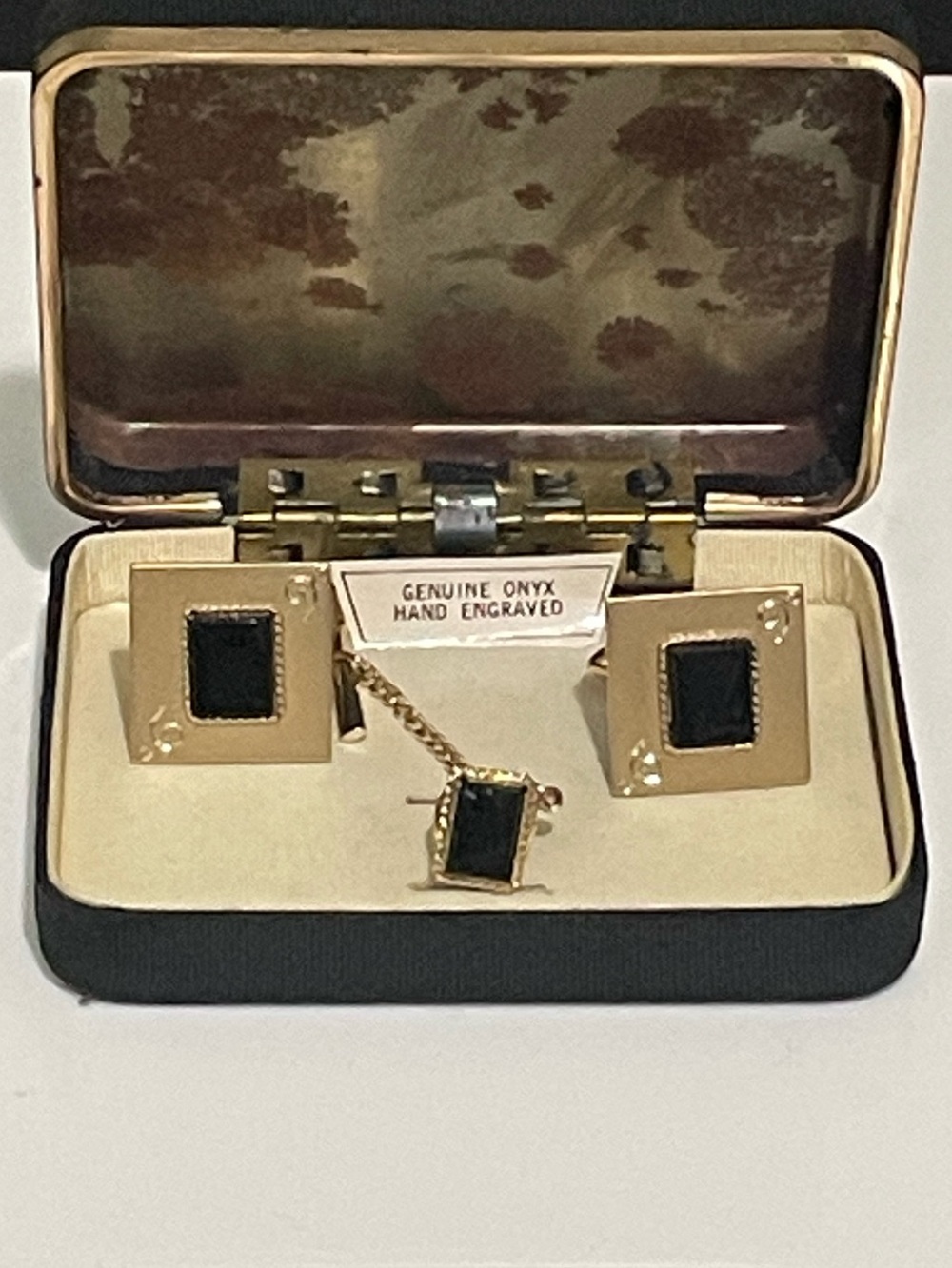 Vintage. Classic Gold-Tone Cufflinks & Tie Tack Set with Genuine Onyx